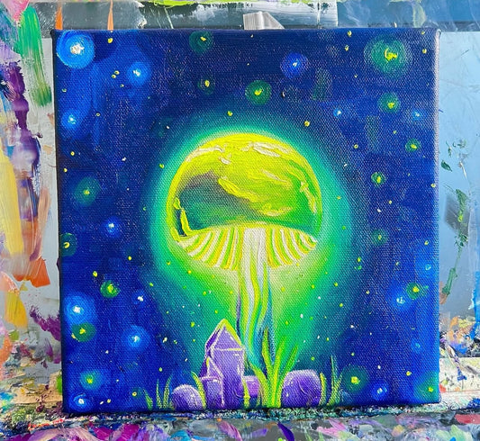 “Lil Glowing Mushy 💚✨” Original oil painting